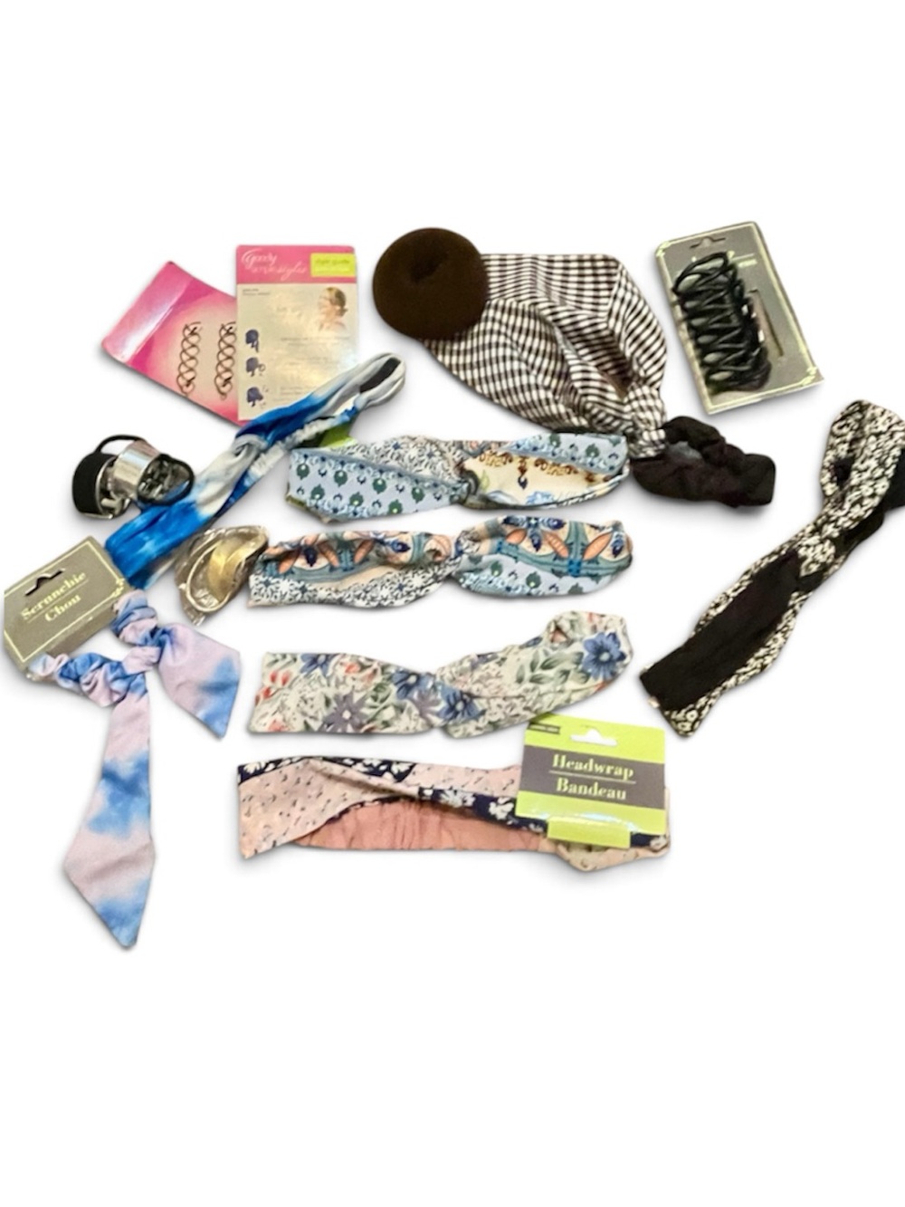 15 Hair items 6-Headbands/wraps, 2-Bow 3-metal Hair ties, Claw Clip, bun, misc